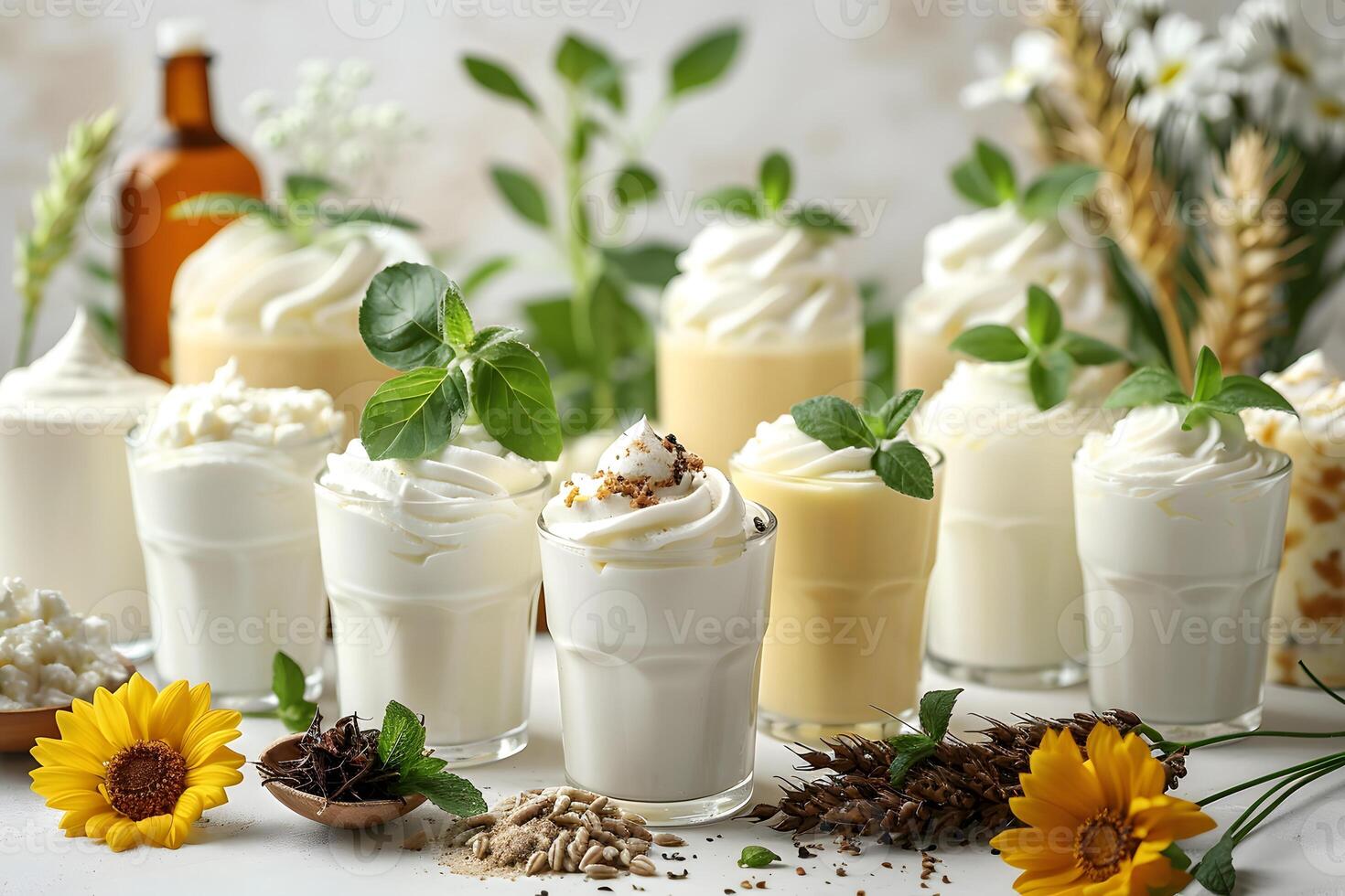 Assorted Creamy Beverages with Herbal and Floral Garnishes for Refreshing Summer Delight photo