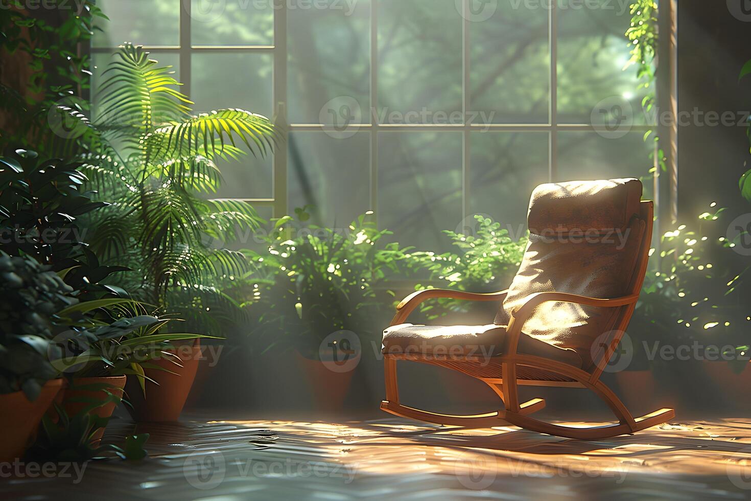 Tranquil Sunlit Conservatory with Rocking Chair Surrounded by Lush Greenery photo
