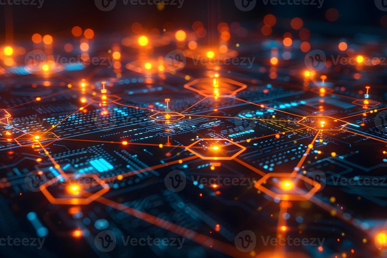 Futuristic Digital Network with Orange Nodes and Circuit Connections photo