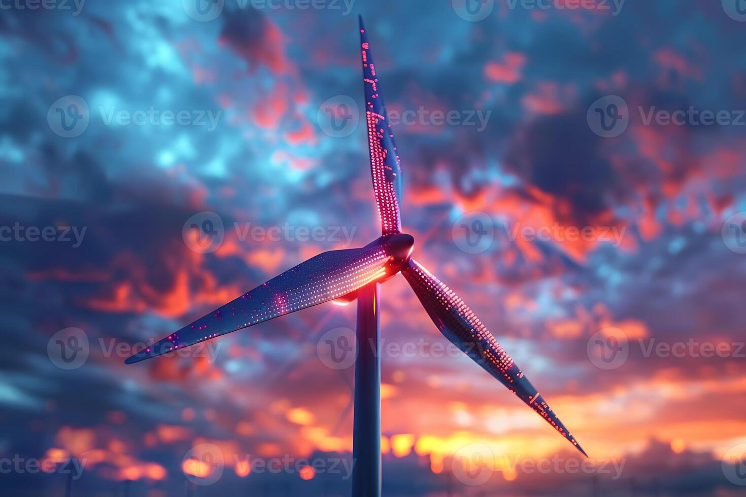 Renewable Energy Concept with Illuminated Wind Turbine at Sunset photo