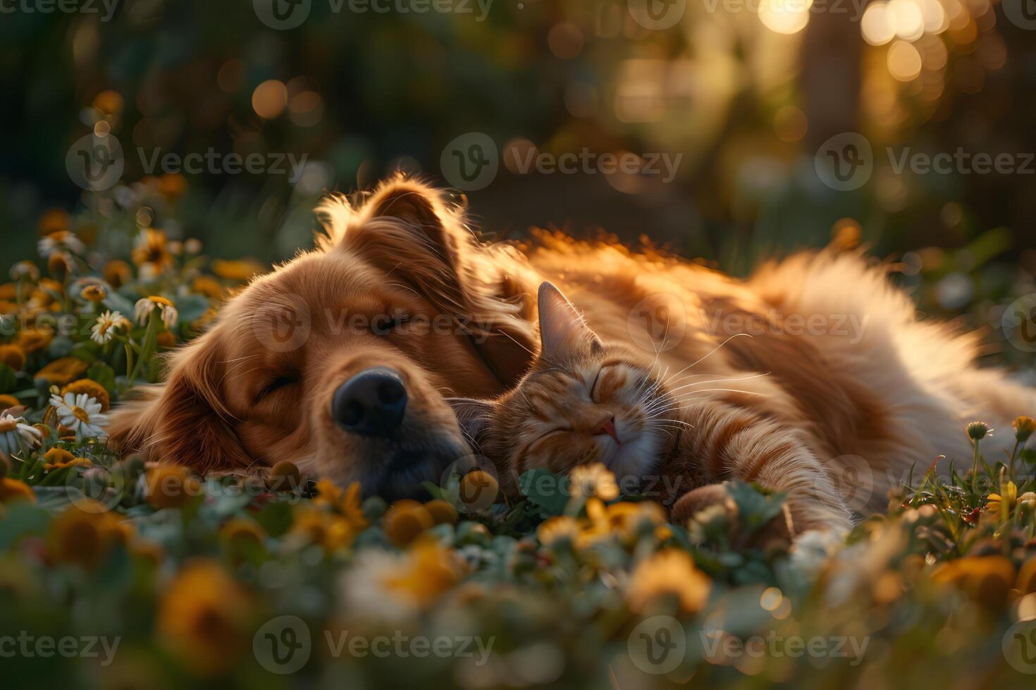 Serene Summer Evening with a Dog and Cat Resting in a Flower Meadow photo