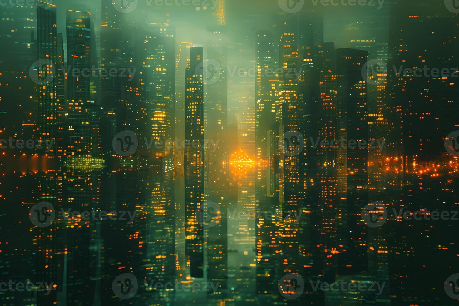 Futuristic Cityscape at Dusk with Illuminated Skyscrapers and Neon Glow photo