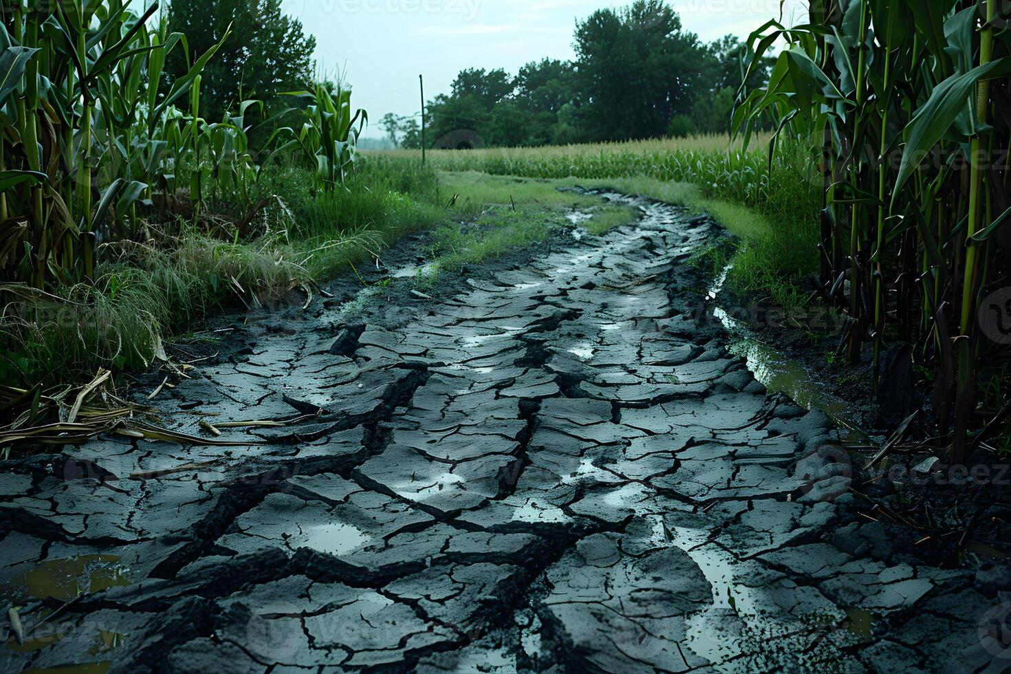 Rural Pathway in Drought Cracked Mud and Cornfields Under Overcast Sky photo
