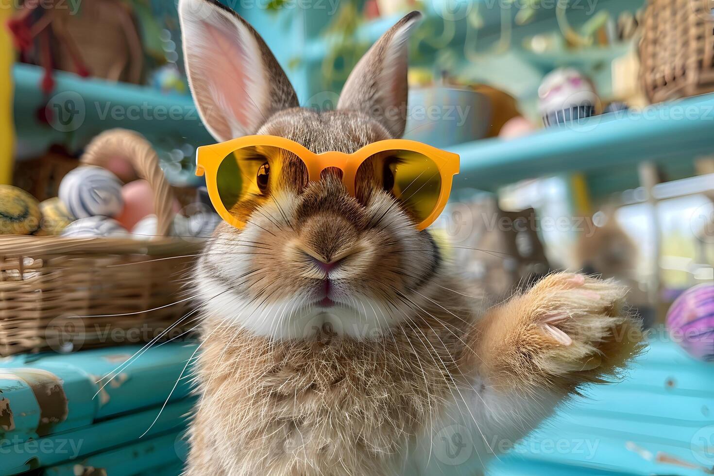 Easter Bunny in Sunglasses Amidst Spring Festivities and Decor photo