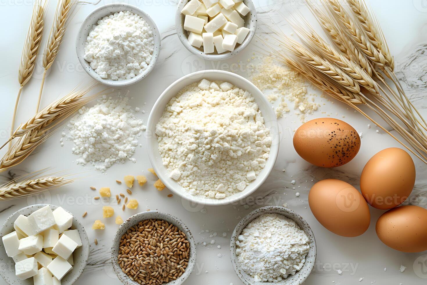 Rustic Baking Ingredients Arrangement with Flour, Eggs, and Wheat for Culinary Inspiration photo