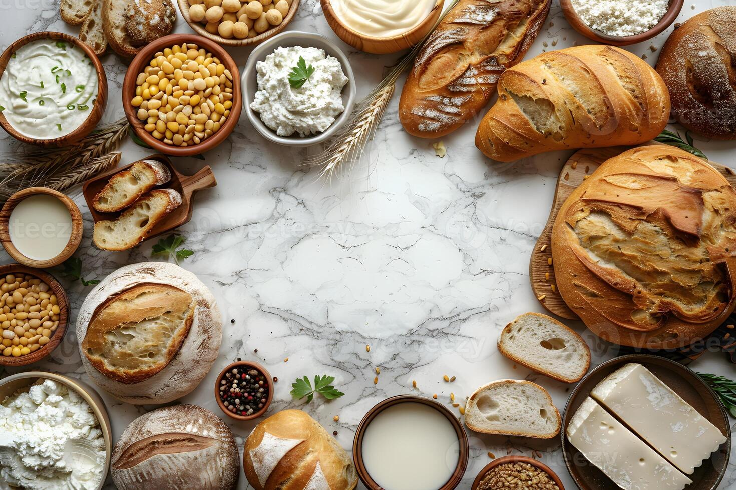 Rustic Bread and Dairy Arrangement on Marble Background for Culinary Design photo