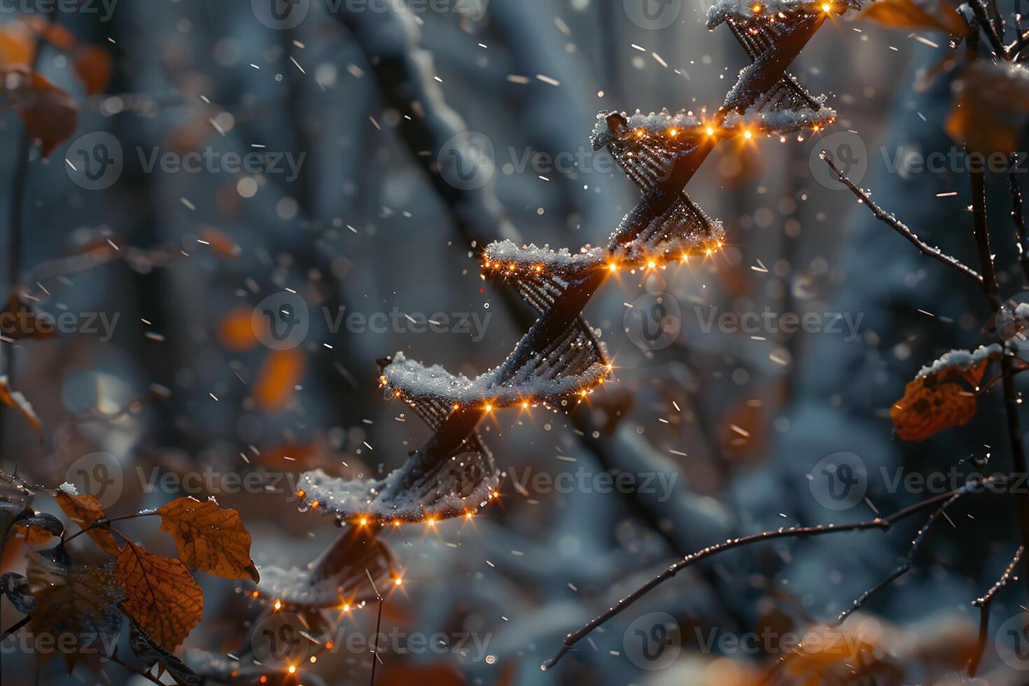 Enchanted Winter Forest with Snow-Covered Branches and Golden Glimmers Perfect for Nature Artwork or Seasonal Design photo