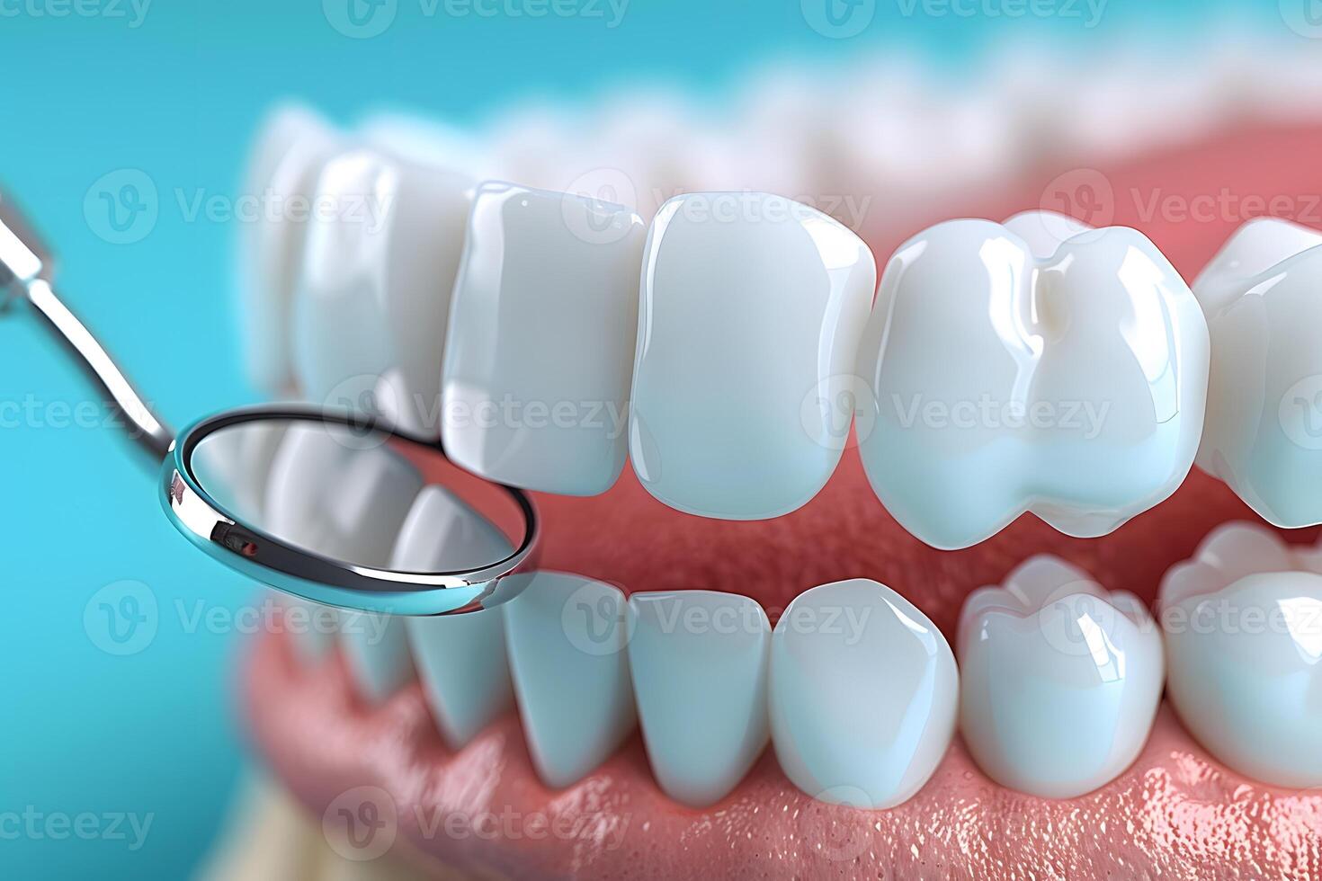 Dental Health Concept Highlighting Clean Teeth with a Dental Mirror for Oral Care Awareness photo