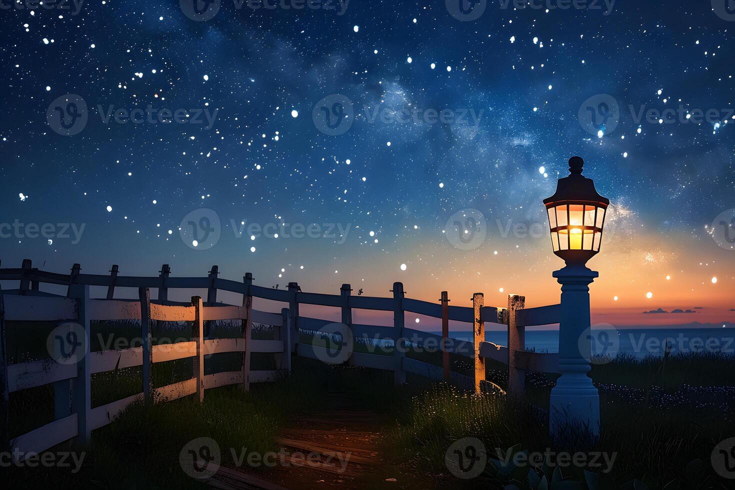Starlit Coastal Pathway with Lantern and Fenced Trail at Twilight photo