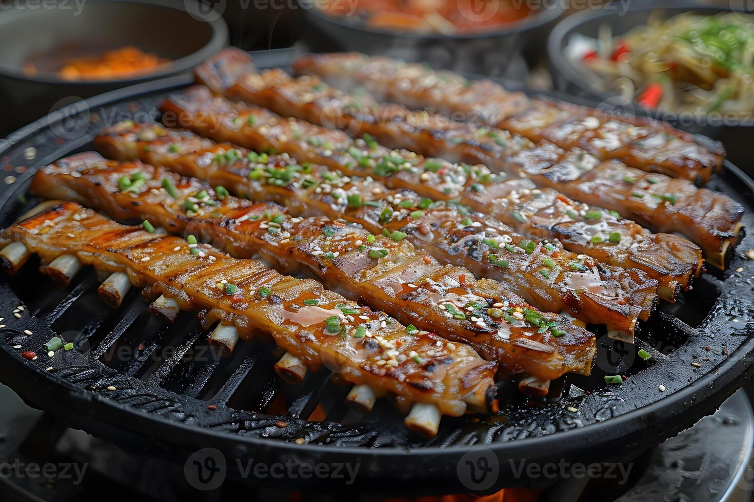 Grilled Korean Barbecue Ribs with Fresh Garnishes for Culinary Delight photo