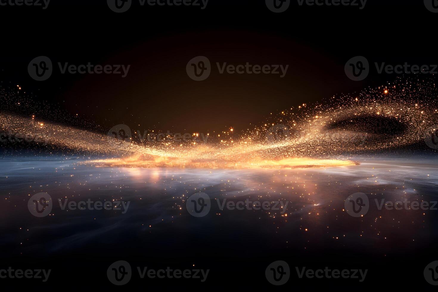 Abstract Cosmic Wave of Golden Sparks in a Dark Space Setting photo