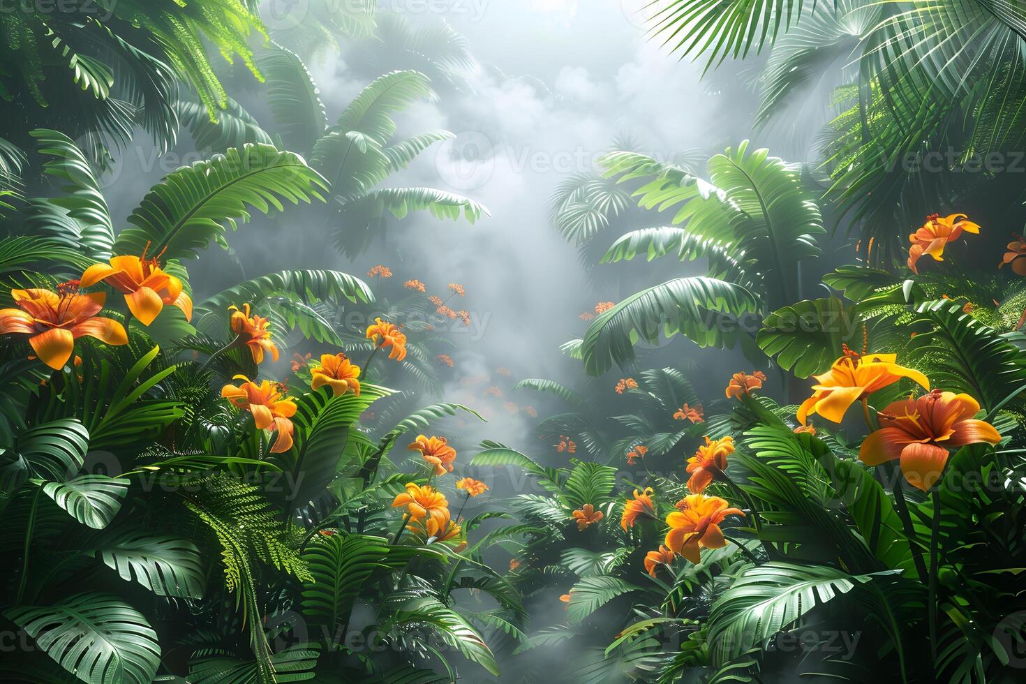 Tropical Paradise with Lush Greenery and Vibrant Orange Flowers in Misty Jungle photo