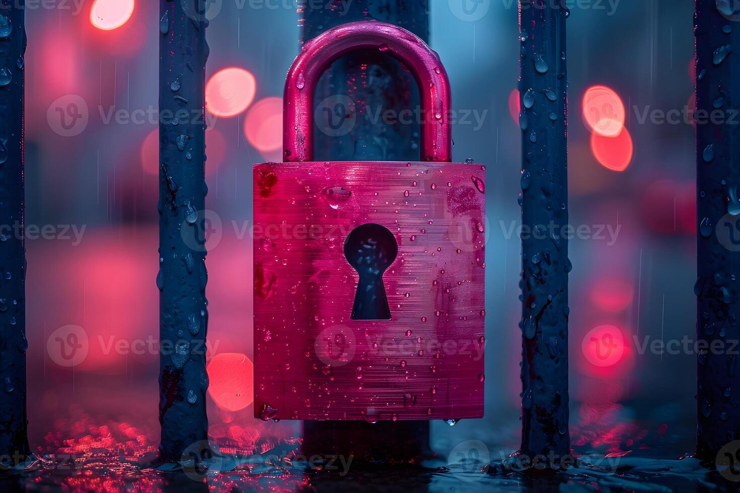 Vibrant Red Padlock in the Rain with City Lights for Security and Urban Themes photo