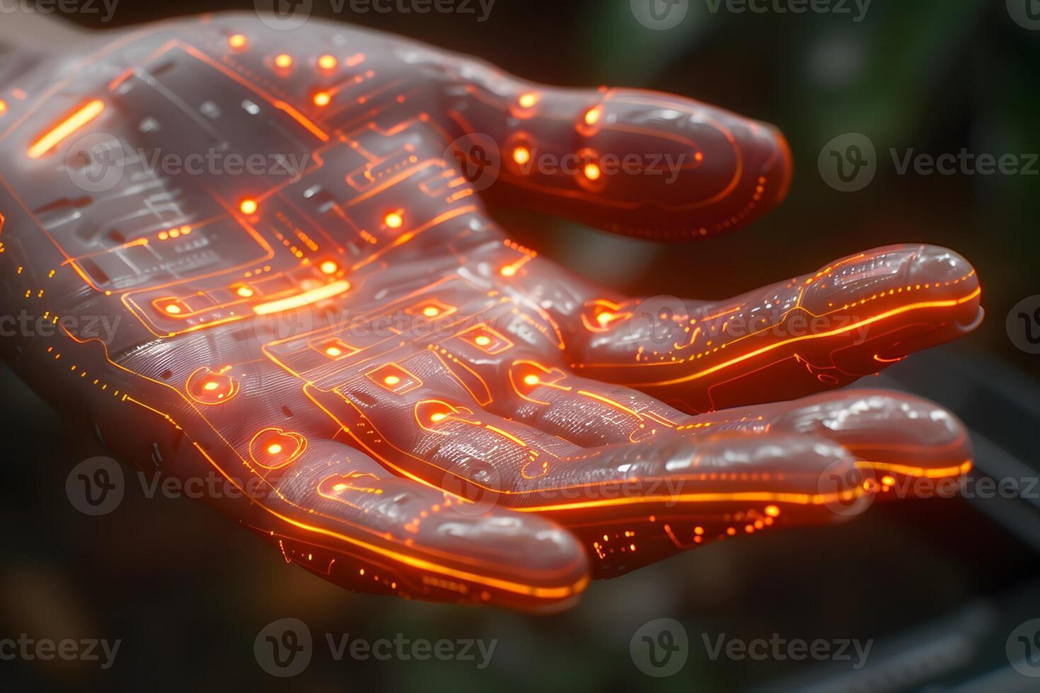 Futuristic Cybernetic Hand with Glowing Digital Circuitry for Technology Design photo