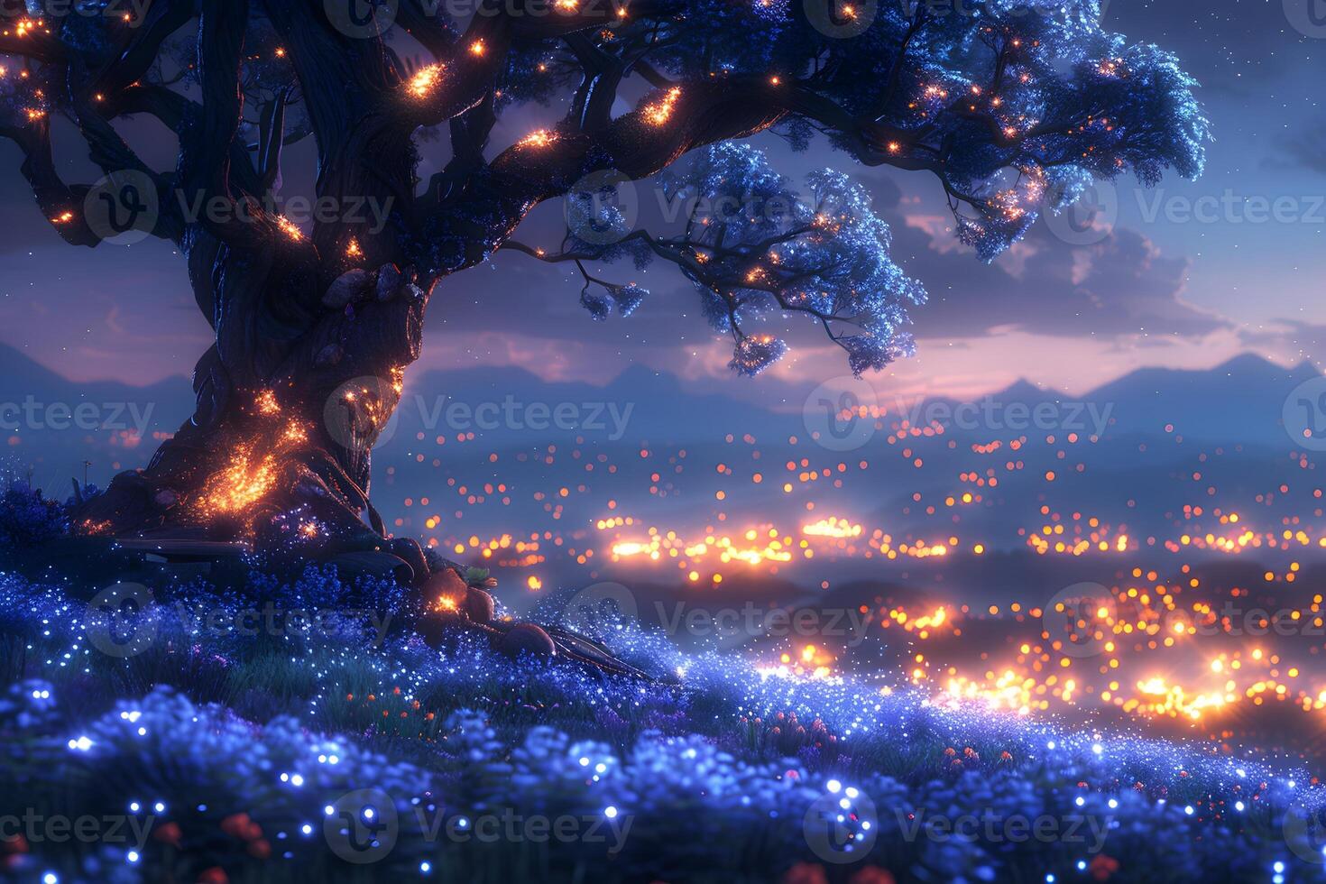 Mystical Night Scene with Enchanted Tree and Glowing Landscape for Fantasy Art photo