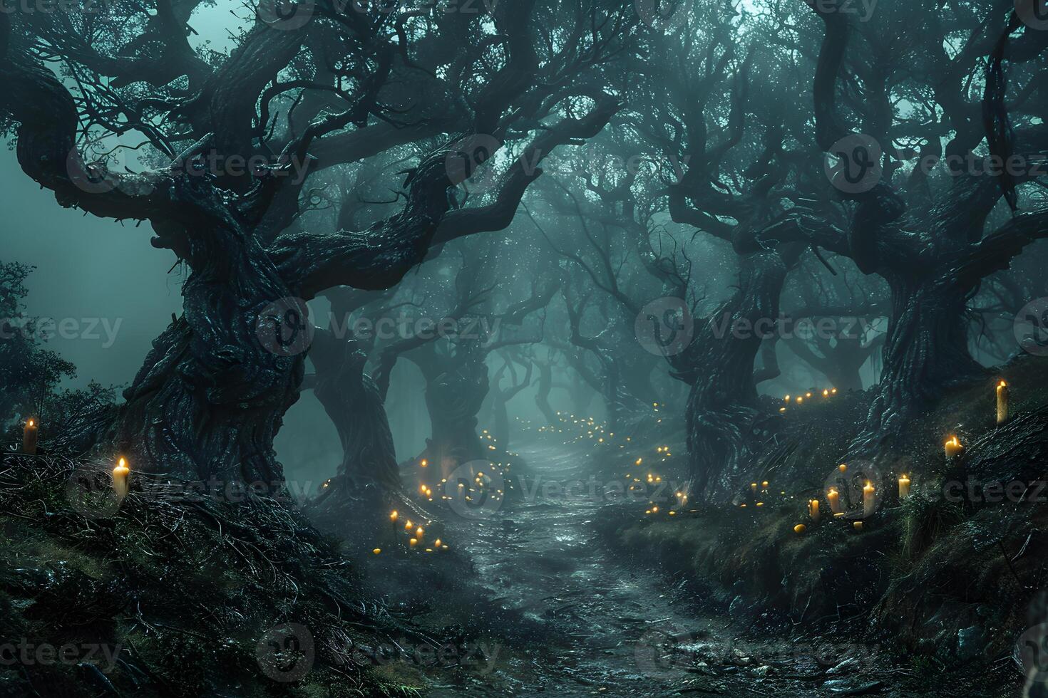 Enchanted Forest Pathway at Night Illuminated by Candlelight photo