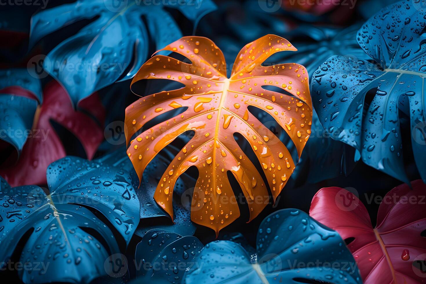 Vibrant Monstera Leaves with Water Droplets in Tropical Forest Setting for Nature Art Decor photo