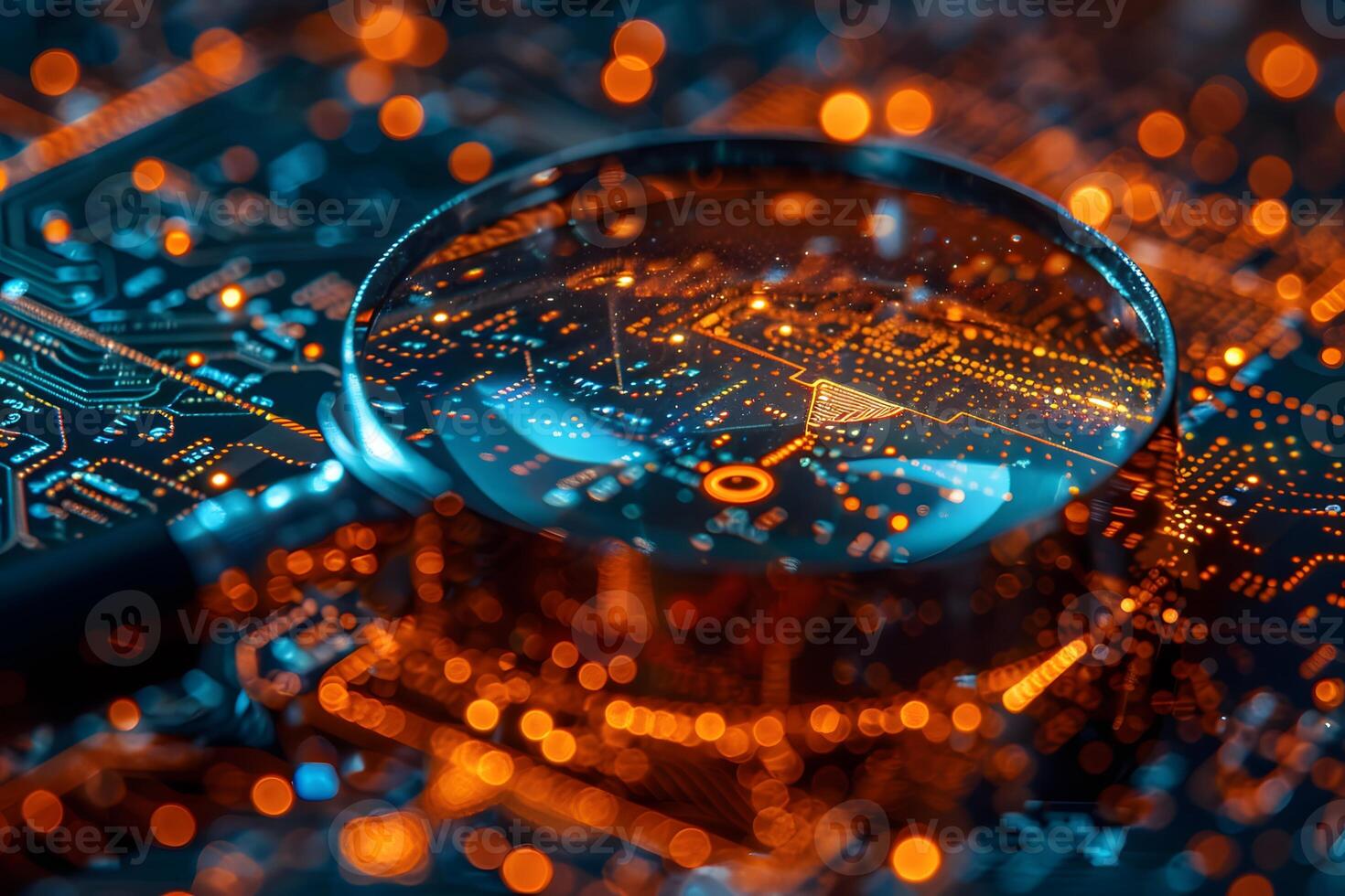 Technology and Innovation Concept Close-Up of Circuit Board Through Magnifying Glass for Tech Design photo