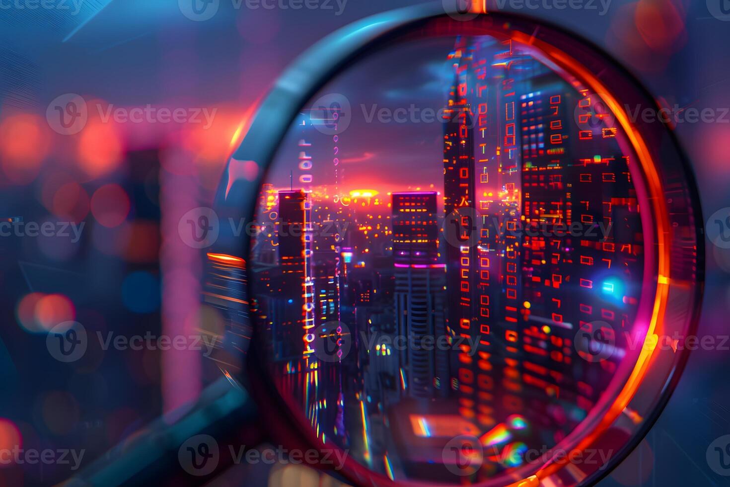 Futuristic Cityscape at Sunset Through Magnifying Glass with Digital Overlay photo