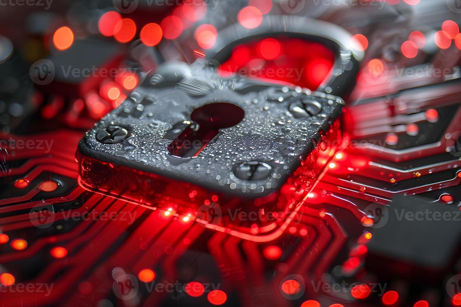 Cybersecurity Concept with Circuit Board and Lock Symbolizing Data Protection photo