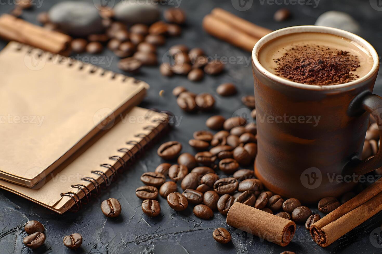 Cozy Morning Coffee Scene with Notebook and Cinnamon Sticks for Autumn Inspiration photo