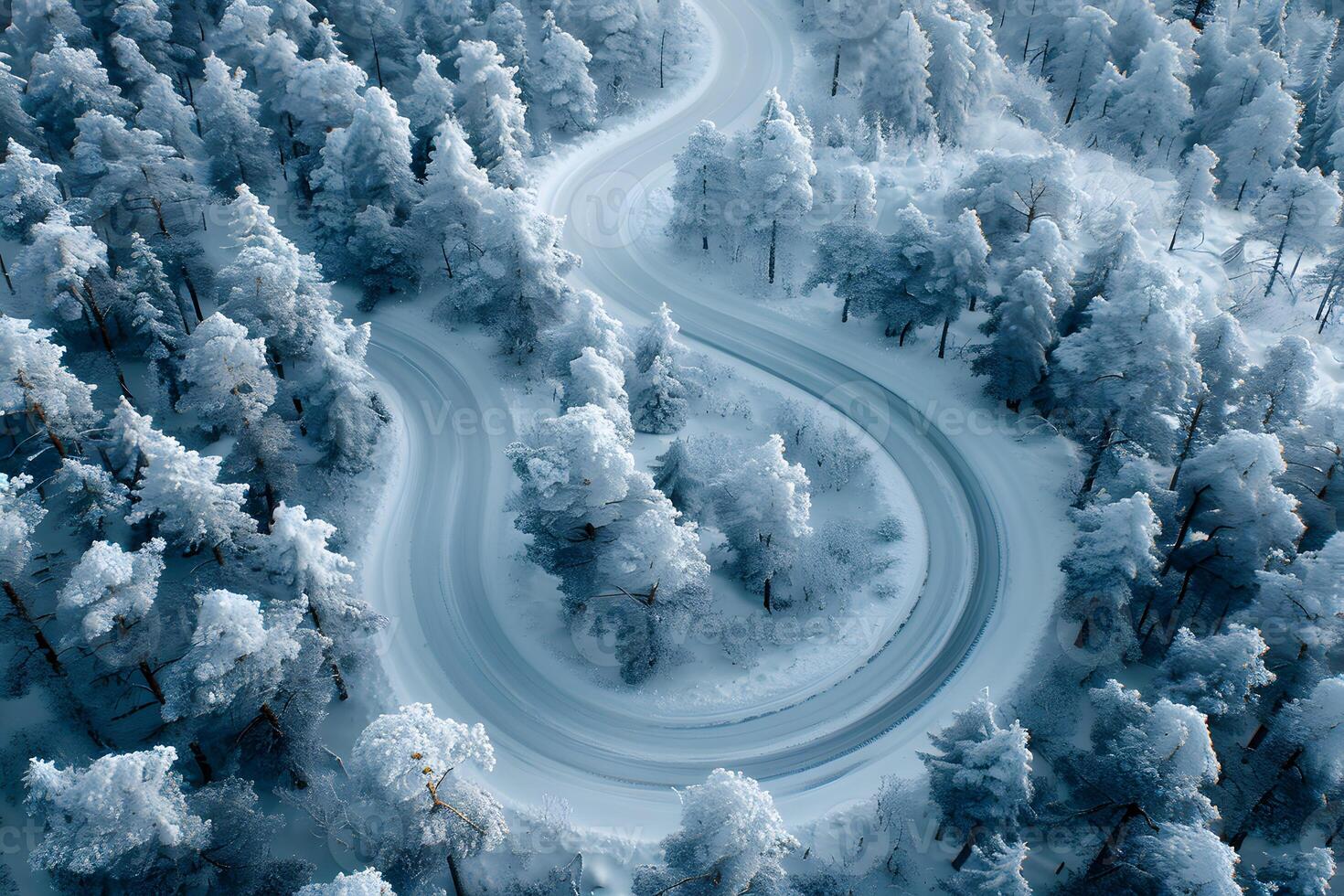 Winter Wonderland Snow-Covered S-Curve Road Winding Through Frosted Forest photo