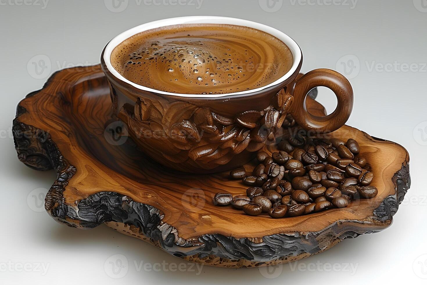 Rustic Coffee Cup on Wooden Platter with Coffee Beans for Beverage Design photo