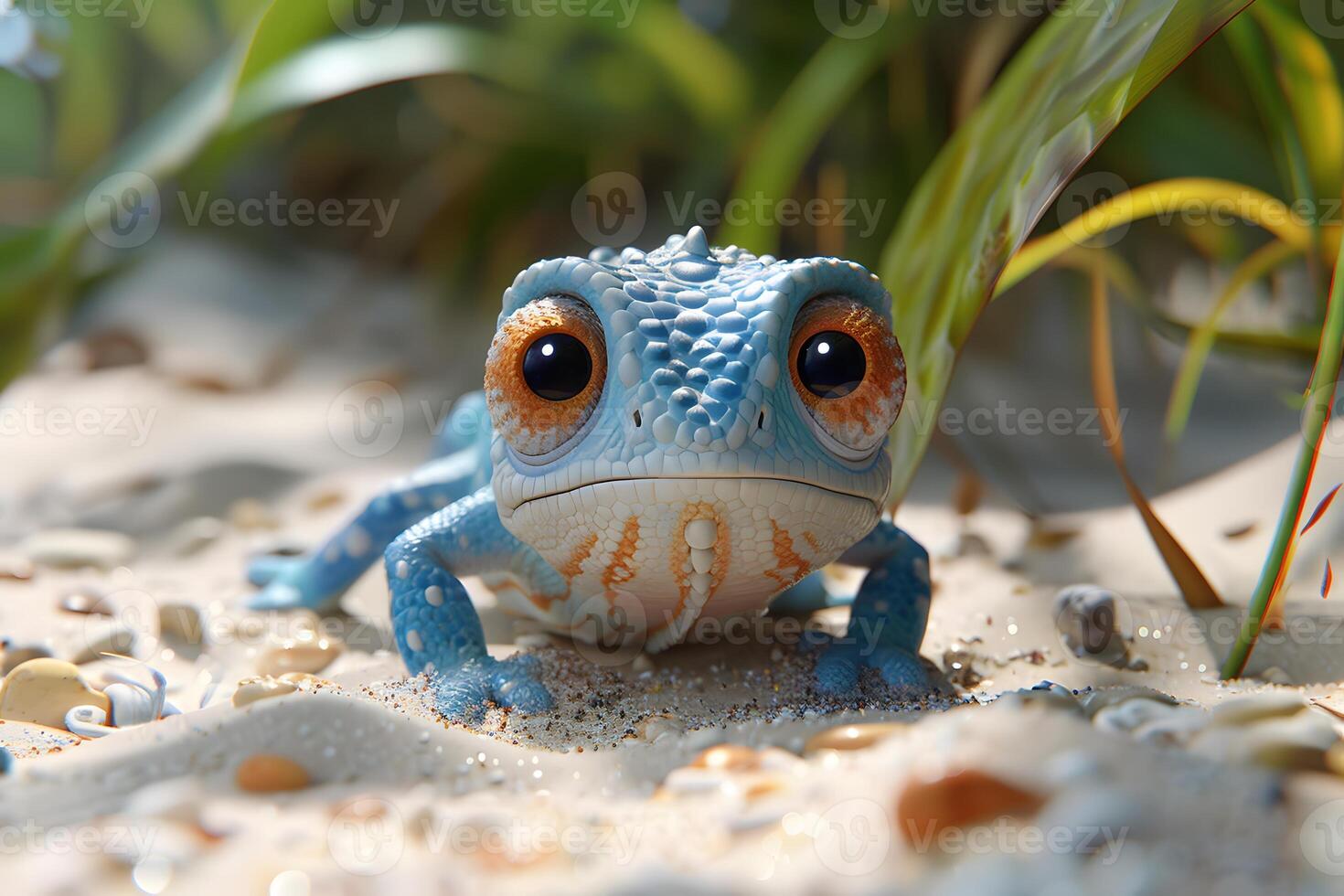 Whimsical Blue Reptile on Sandy Beach Background for Nature-Themed Designs photo