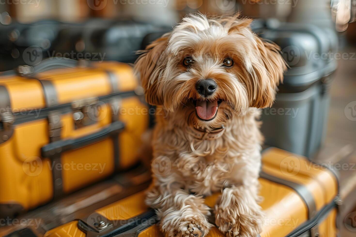 Adorable Fluffy Dog Relaxing on Luggage for Travel Adventures photo