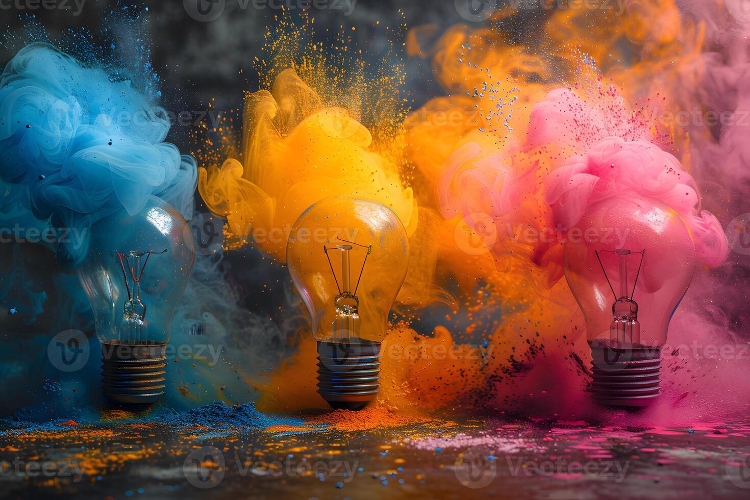 Colorful Explosion of Creativity Light Bulbs with Vibrant Powder Effects for Artistic Inspiration photo