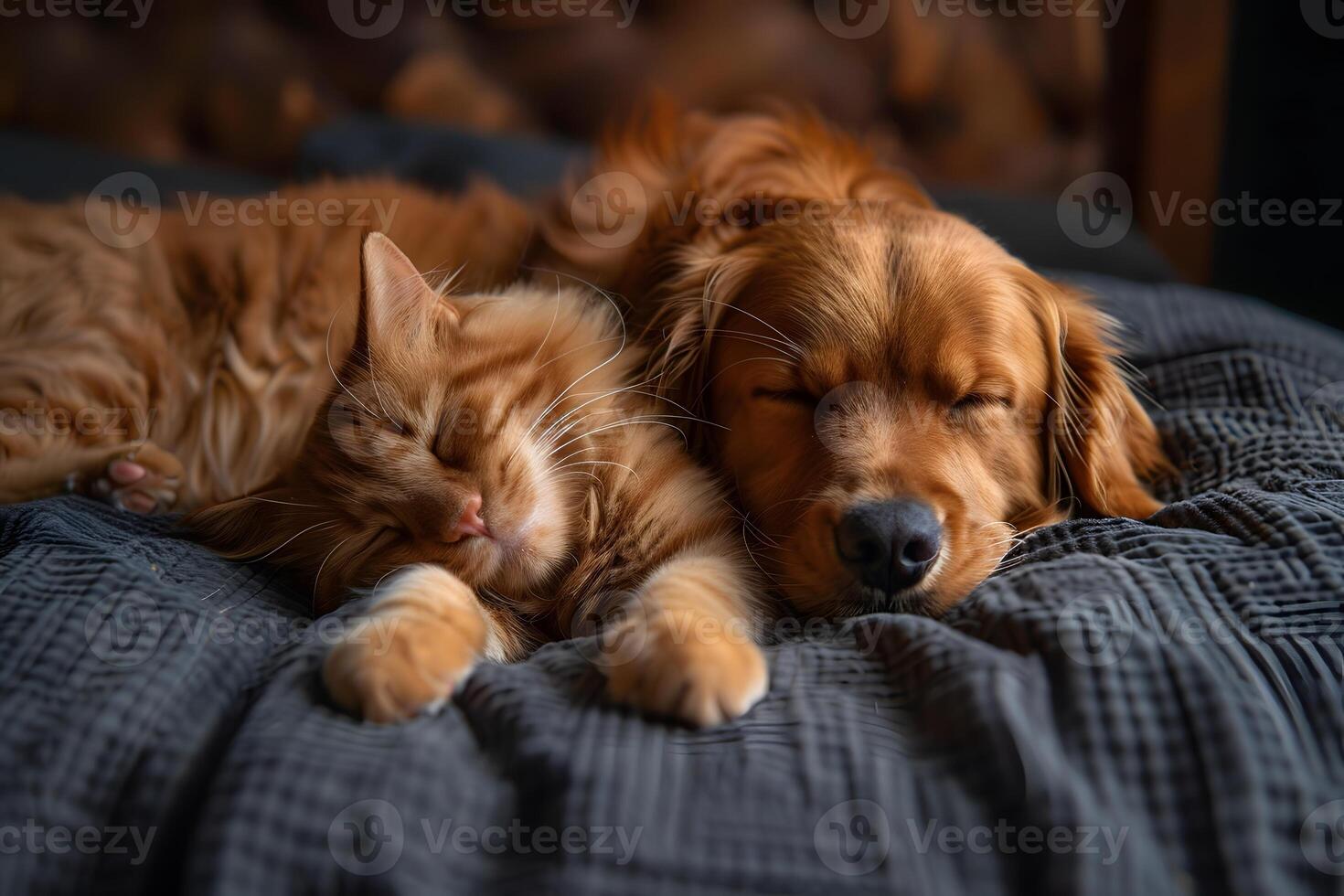 Cozy Companionship Cat and Dog Napping Together in Warm Harmony for Pet-themed Designs photo