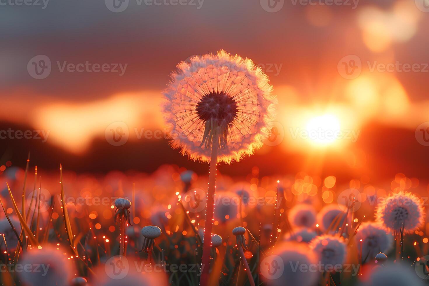 Serene Sunrise Over a Field of Dandelions - Nature s Tranquil Beauty for Inspirational Designs photo