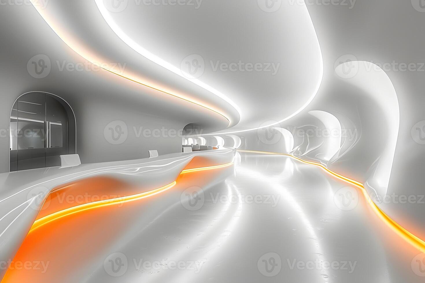Futuristic Interior Design with Curved White and Orange Elements in Modern Architecture photo