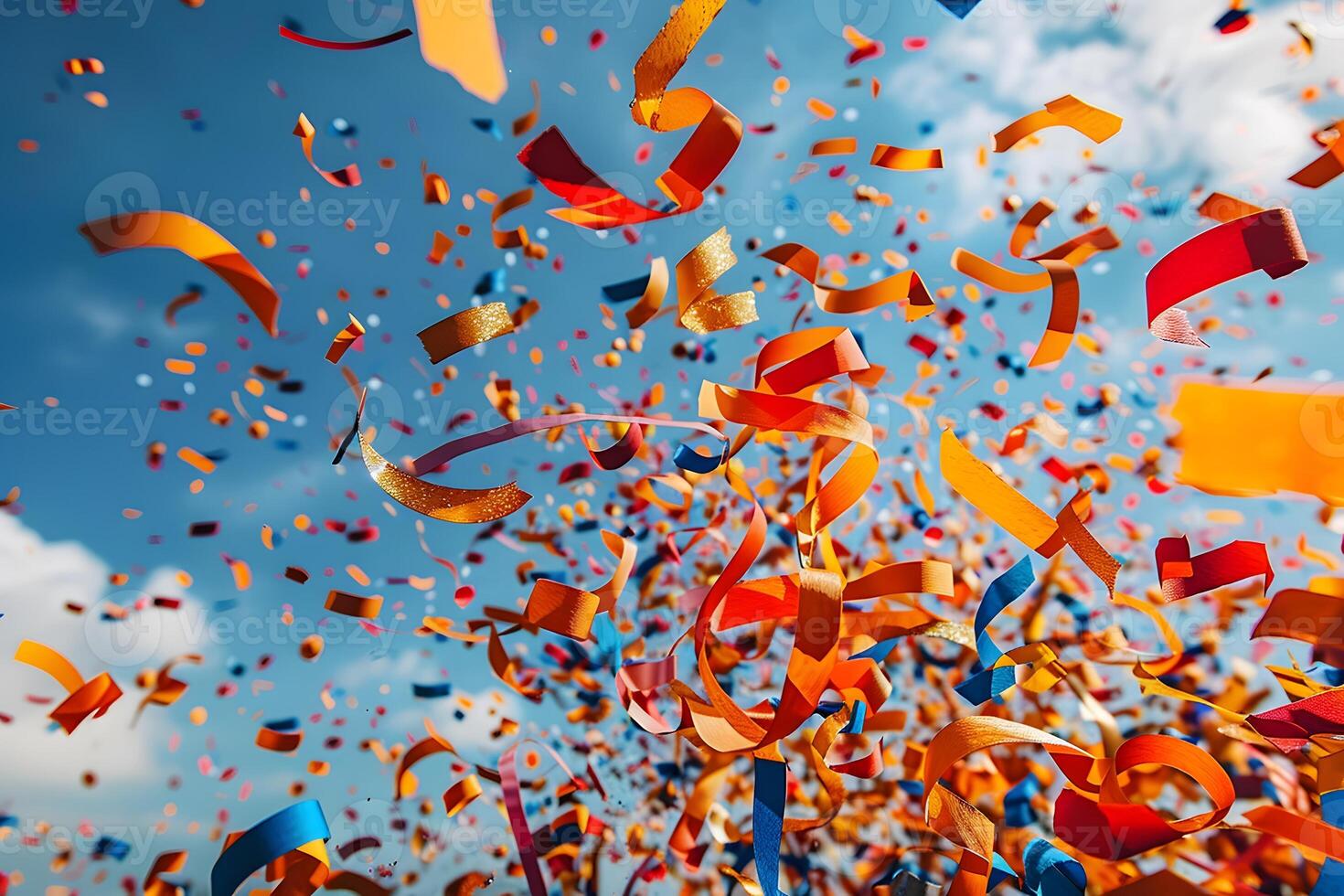Vibrant Celebration with Colorful Ribbons Against a Clear Blue Sky photo
