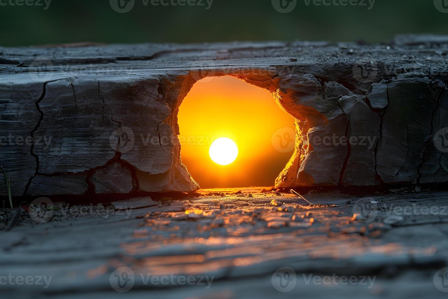 Enchanting Sunset Through Weathered Wood Nature's Warm Illumination photo