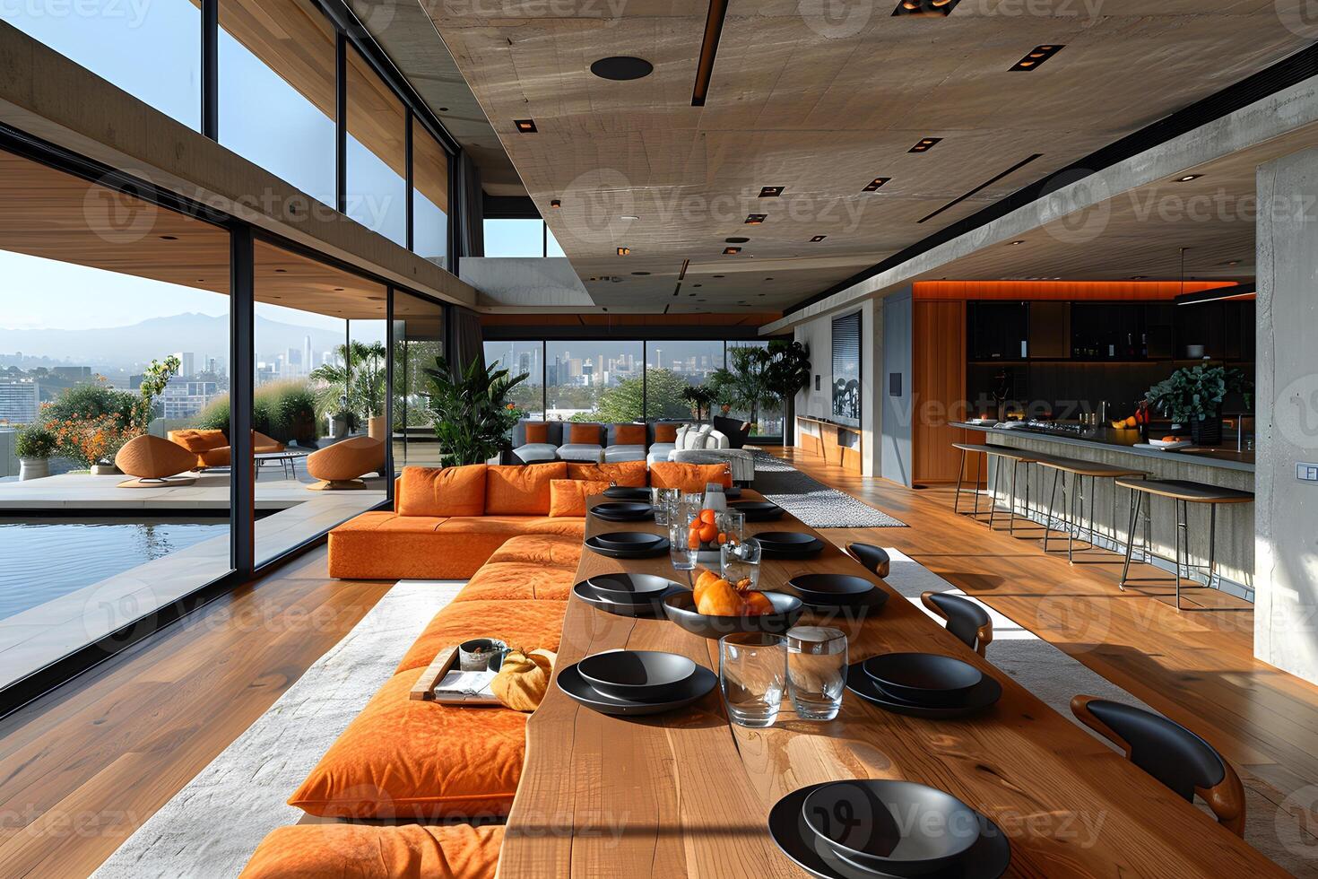 Modern Luxury Living Room with City View and Elegant Dining Setup photo