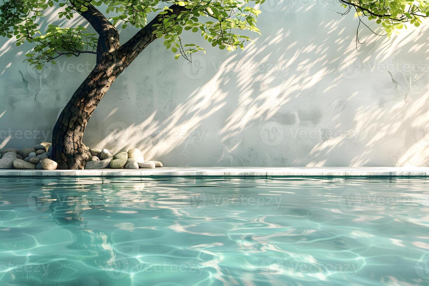 Serene Poolside Scene with Sunlit Tree and Tranquil Water Reflection photo