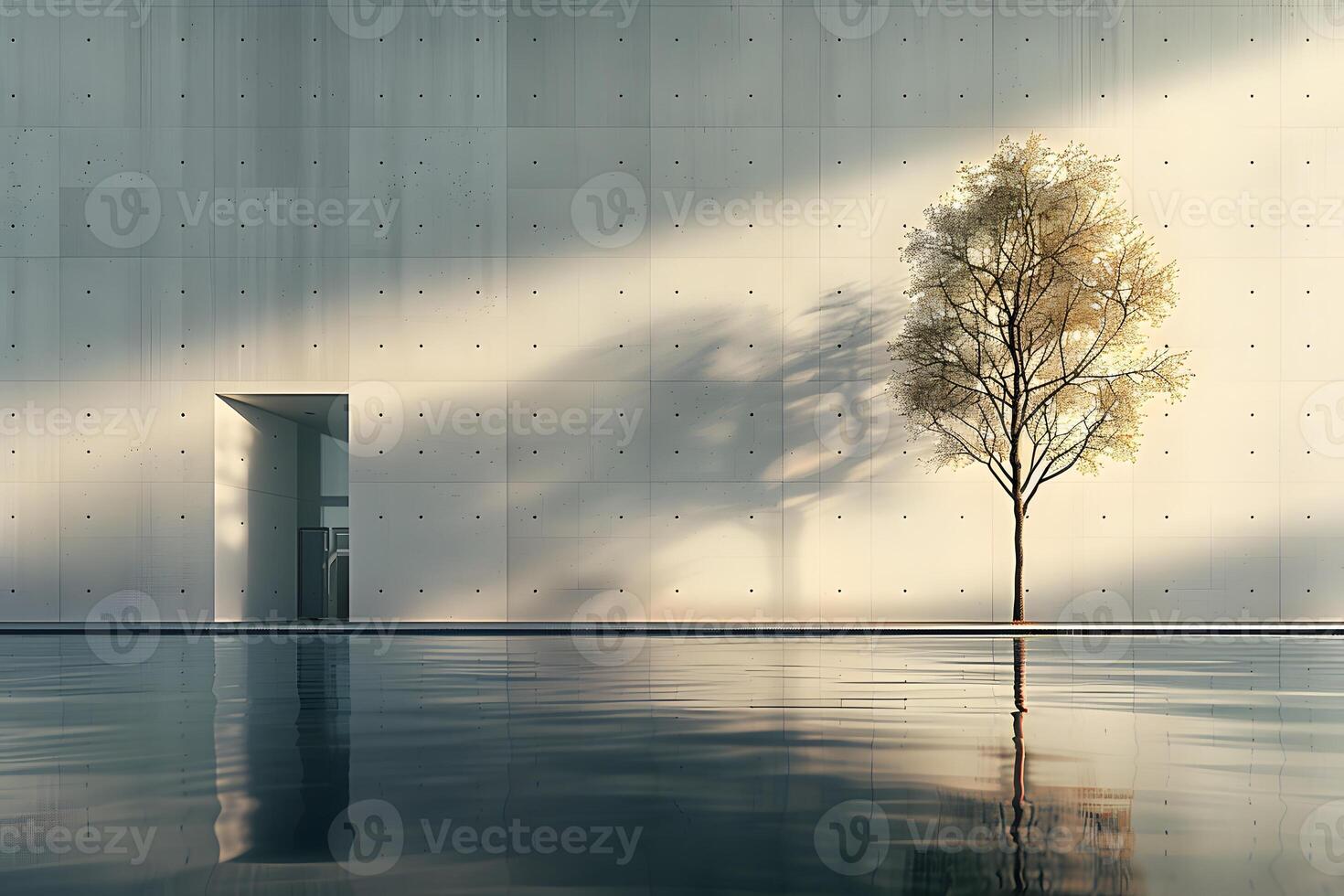 Minimalist Architecture with Solitary Tree Reflection by Water photo