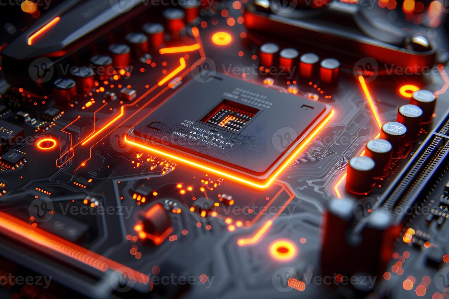 Futuristic Circuit Board with Illuminated Microchip for Technology Design photo