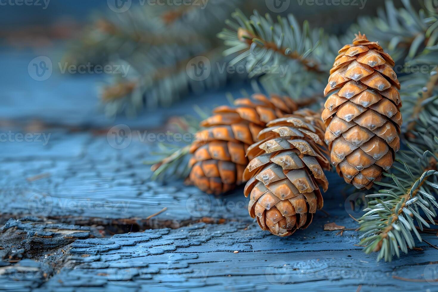 Rustic Holiday Decor with Pine Cones and Evergreen Branches on Weathered Wood photo