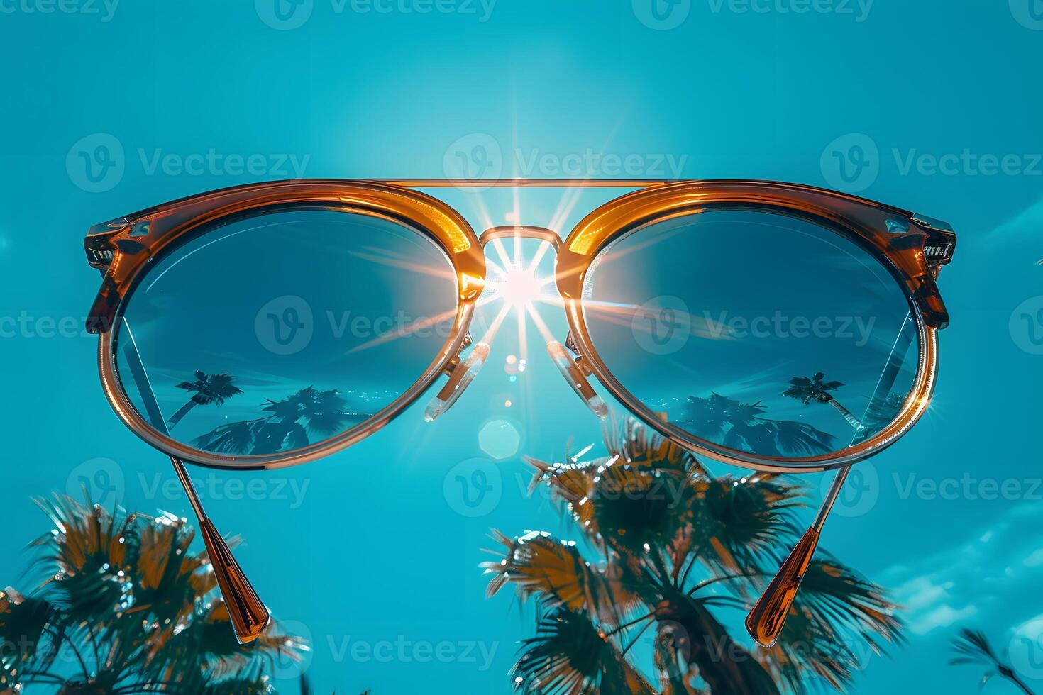 Summer Vibes with Sunglasses and Palm Trees under a Bright Blue Sky photo