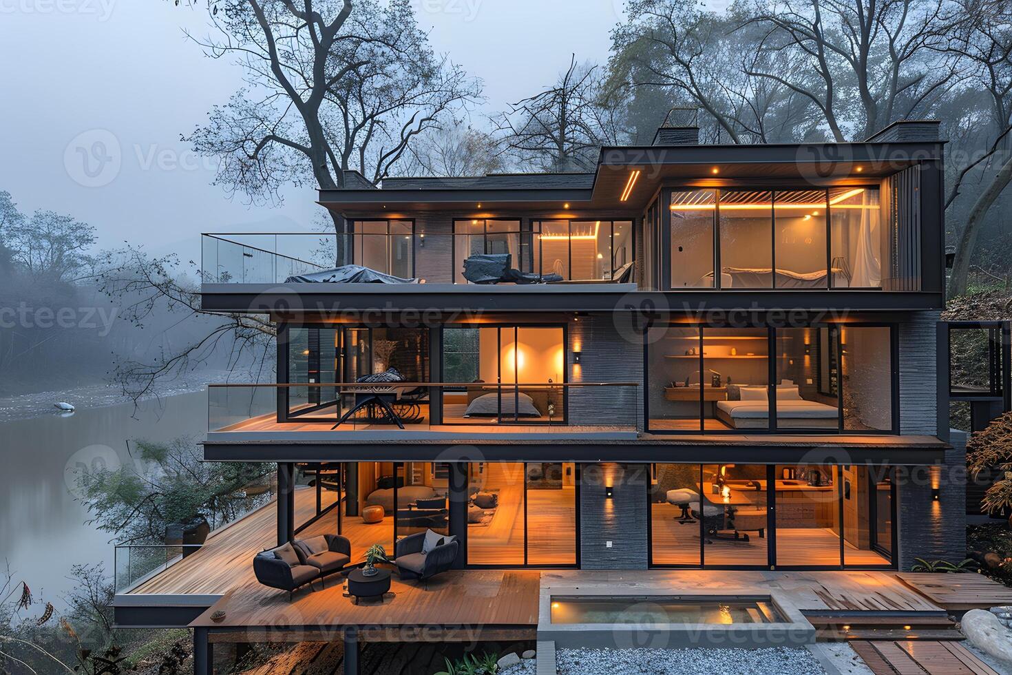 Modern Luxury Home on Misty Riverside with Glass Facade and Warm Lighting photo