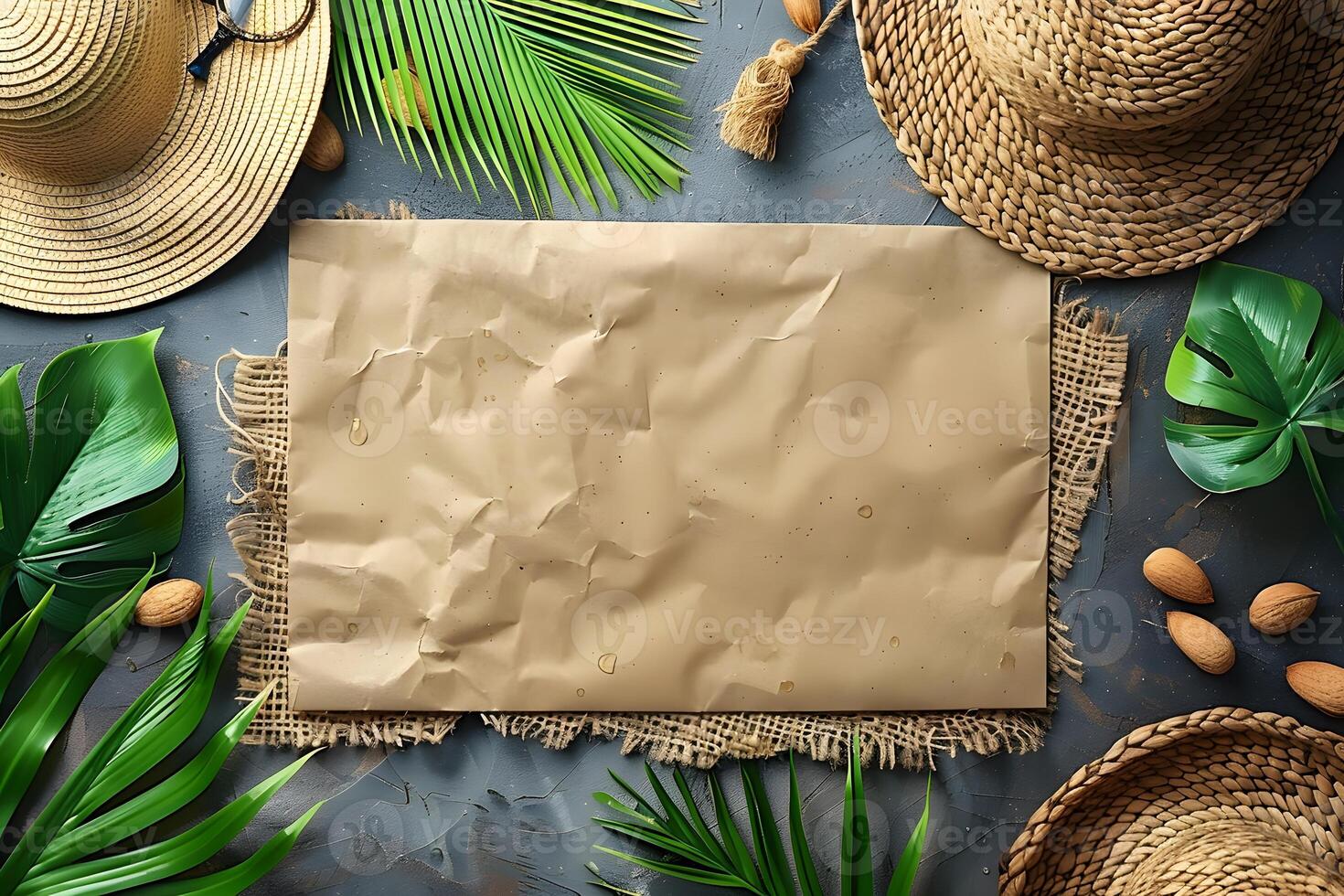 Tropical Summer Background with Straw Hats, Paper, and Palm Leaves for Design Projects photo