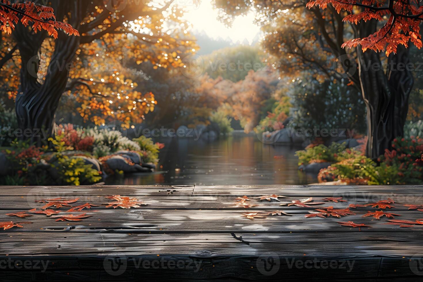 Serene Autumn Landscape with Vibrant Foliage and Tranquil Lake View photo