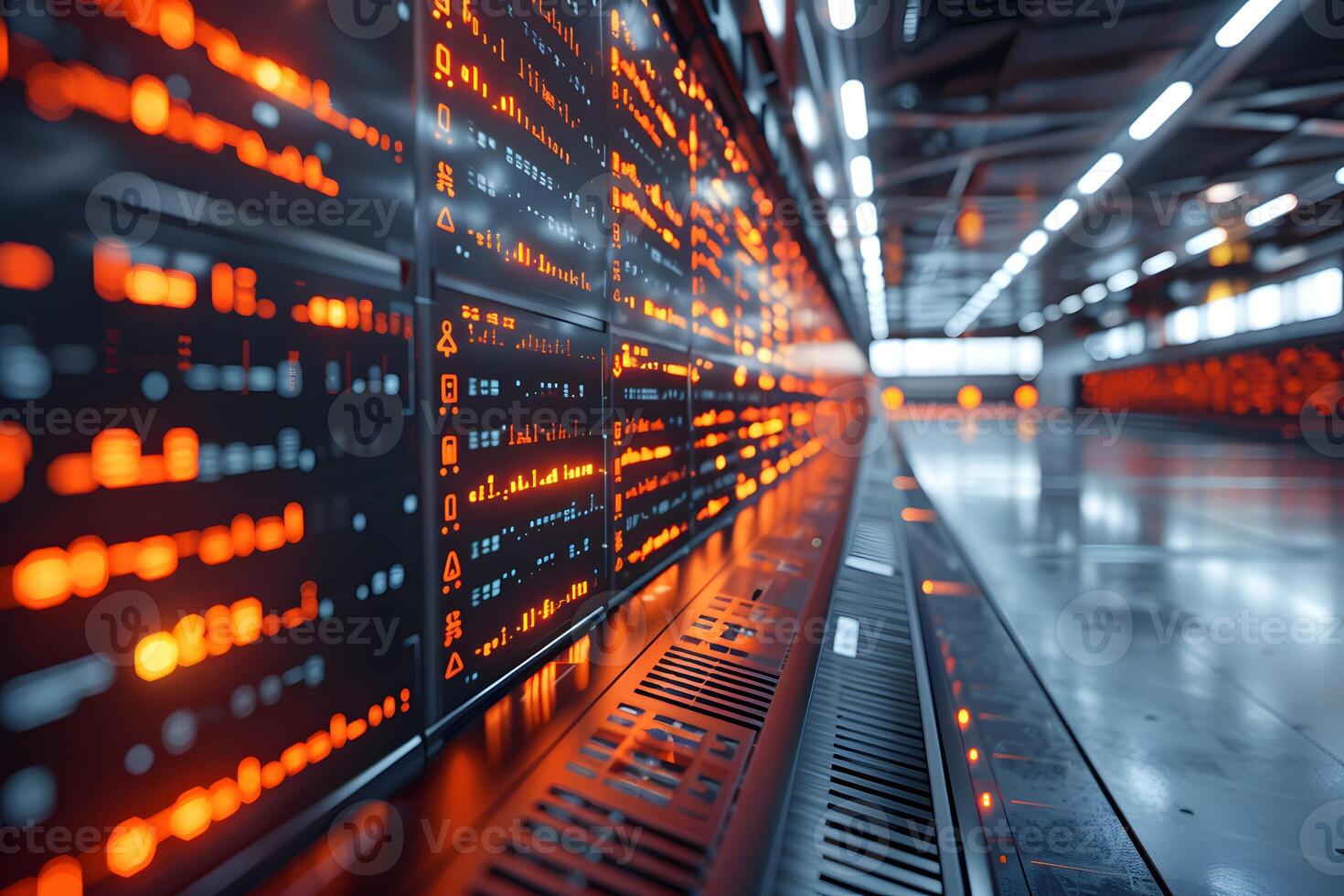 Futuristic Data Center with Advanced Digital Display and Network Grid photo