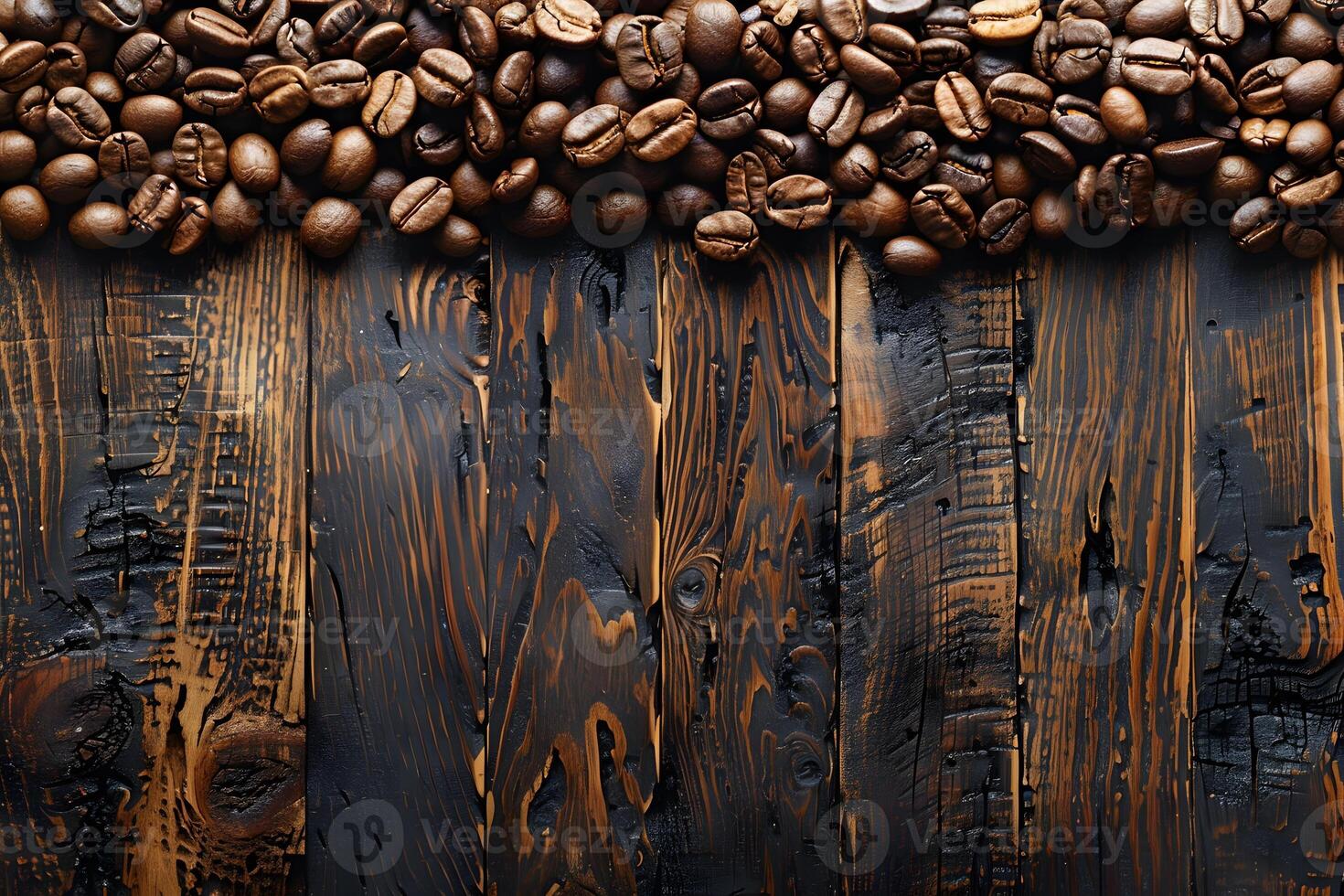 Rustic Coffee Beans on Burnt Wooden Texture for Design and Decoration photo