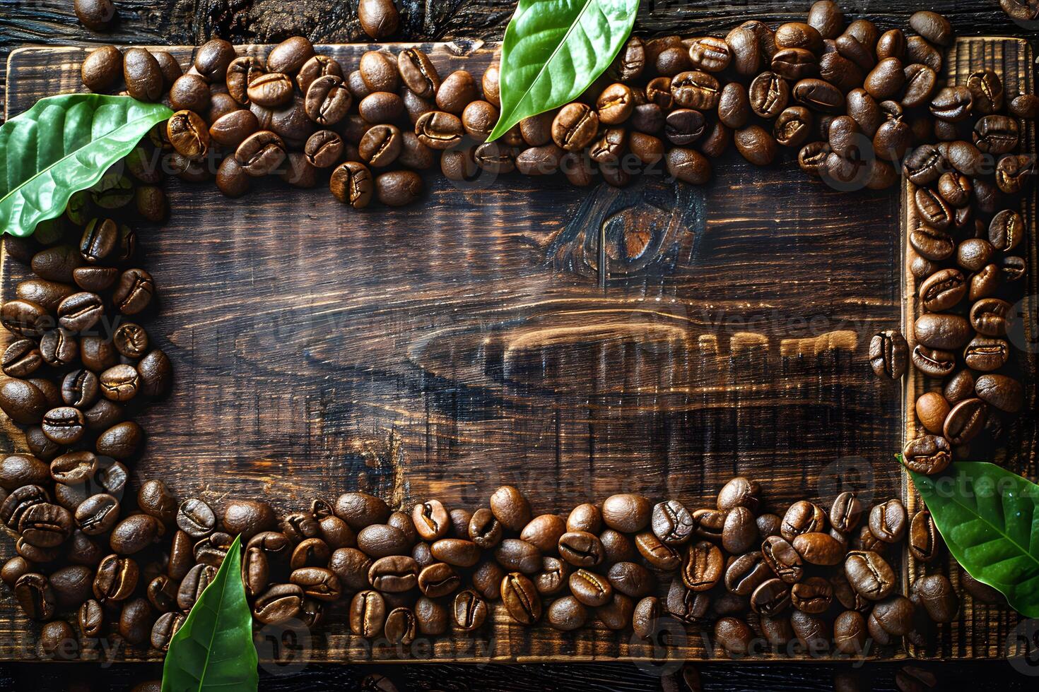 Rustic Coffee Bean Frame with Green Leaves on Wooden Background for Design photo