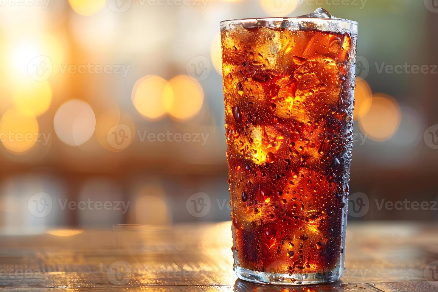 Refreshing Glass of Iced Cola with Bokeh Sunset Background for Summer Themes photo