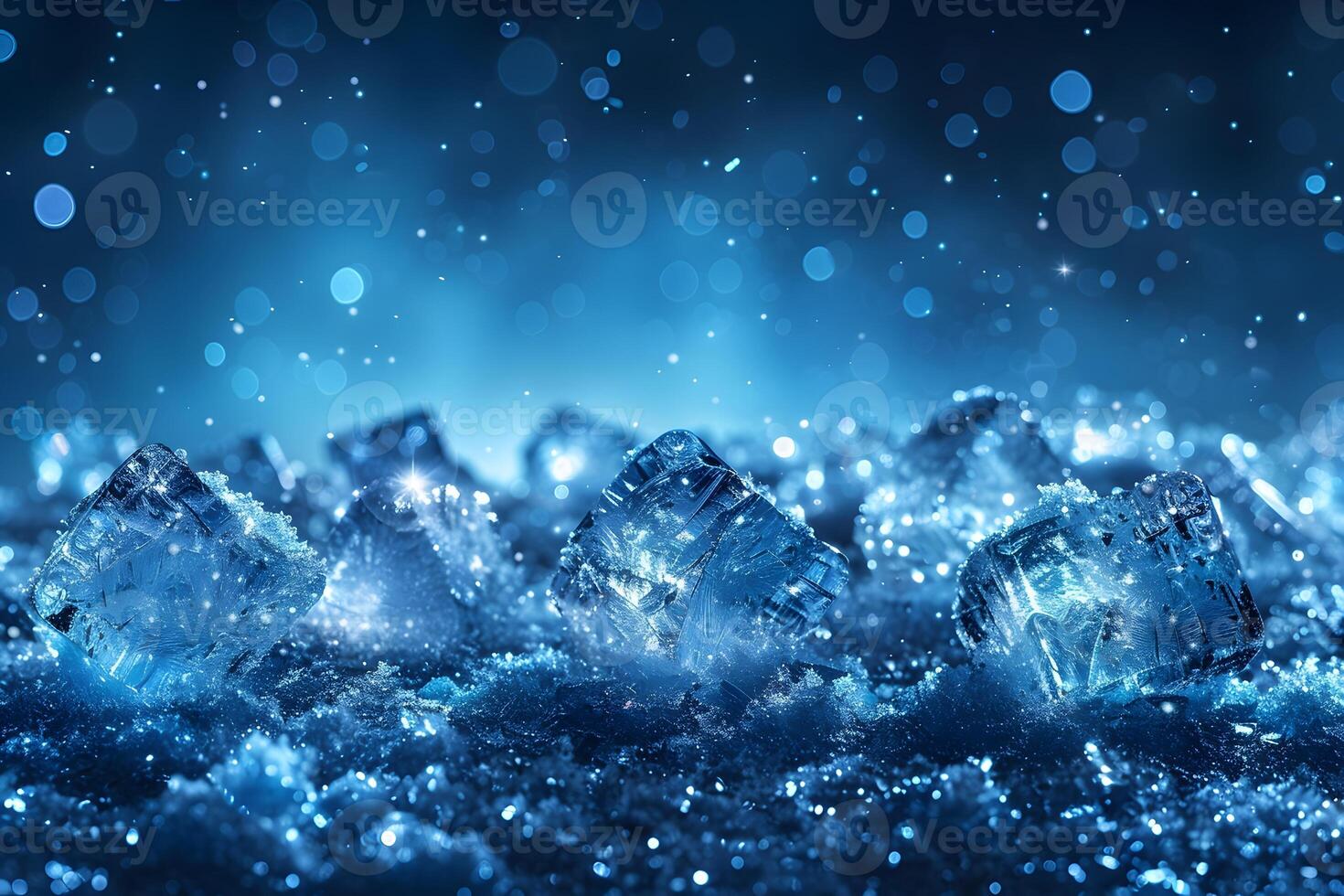 Sparkling Ice Cubes in Blue Bokeh for Refreshing Drink and Cocktail Imagery photo