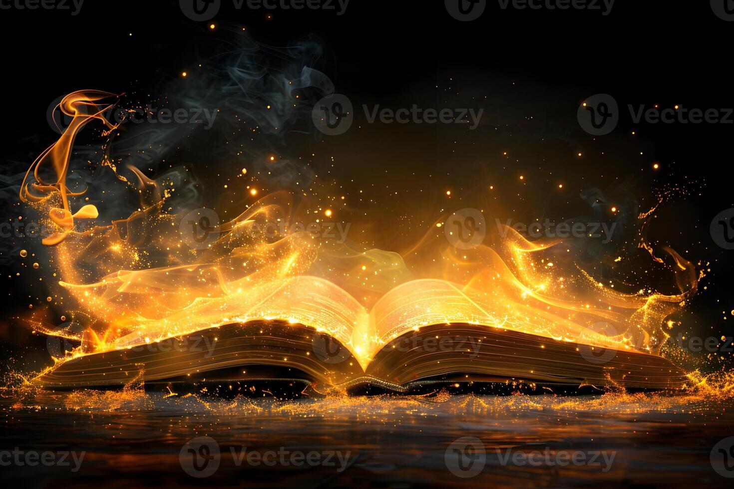 Mystical Glowing Book with Floating Golden Energy and Smoke photo